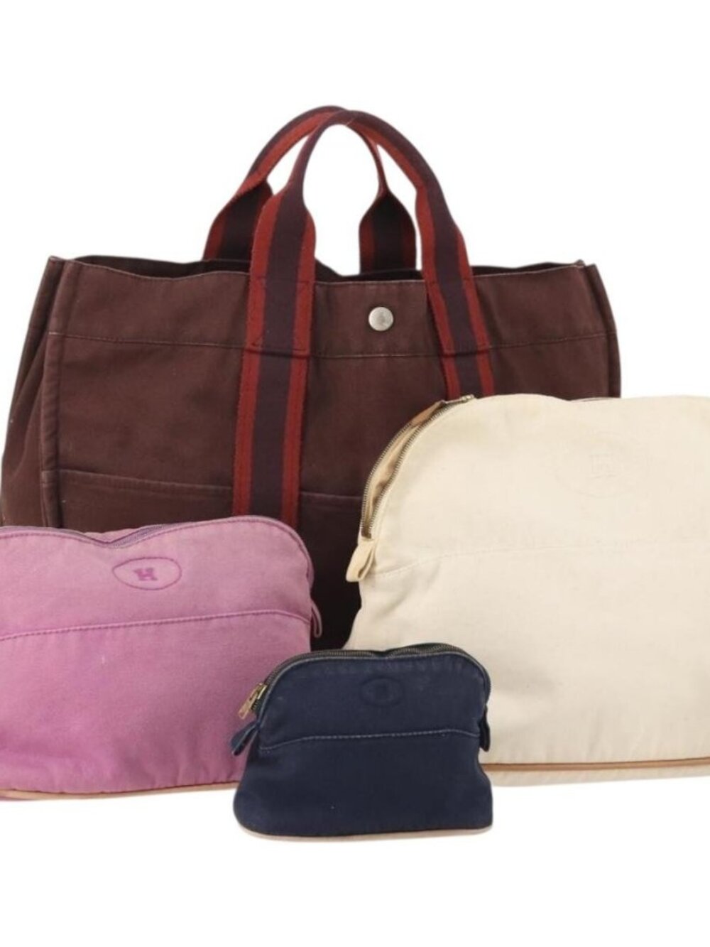 HERMES Fourre Tout Hand Bag Canvas 4 Set Bordeaux White pink Auth bs34897